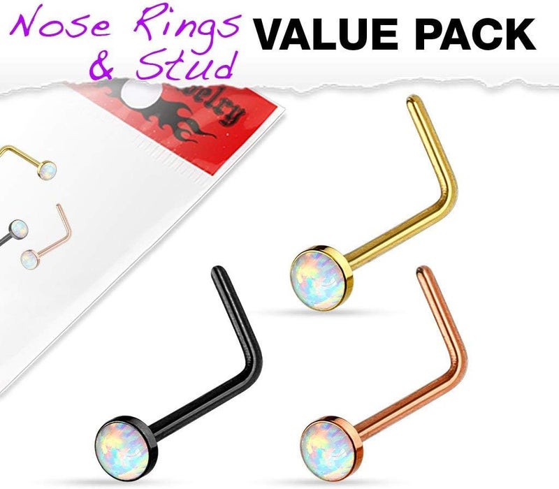 FifthCue 20G Synthetic Opal Set Flat Top PVD Over 316L Surgical Steel L bend Stud Nose Rings - Image 3